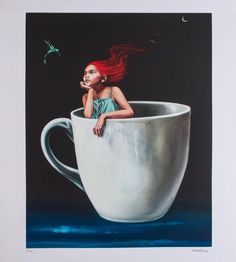 a painting of a woman sitting in a large coffee cup with her hair blowing back