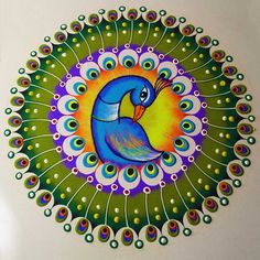 a peacock painted on the side of a white wall with green and yellow circles around it