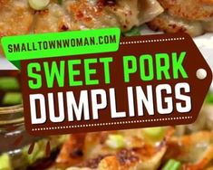 sweet pork dumplings on a plate with green beans