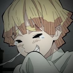 an animated image of a boy with blonde hair and black eyes looking at the camera