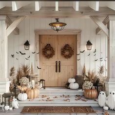 a porch decorated for halloween with pumpkins and decorations