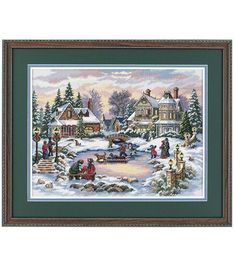 a cross stitch christmas scene with people in the snow and houses on the other side