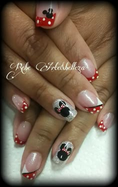 Disney Sns Nails Designs, Red Minnie Mouse Nails, Minnie Mouse French Tip Nails, Simple Disney Nails French Tips, Disney Nails Sparkle, Mini Mouse Nails Designs Nailart, Valentine Disney Nails, Disney Pedicure Ideas Toenails, Disney French Nails