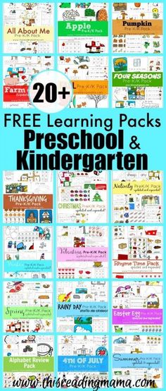 20 free learning packs for preschool and kindergarten with text overlays