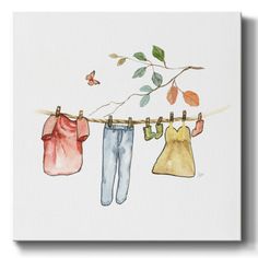 watercolor painting of clothes hanging on a clothes line with a butterfly in the background