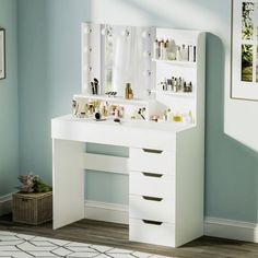 there is a white vanity with drawers and mirrors in the room next to a rug