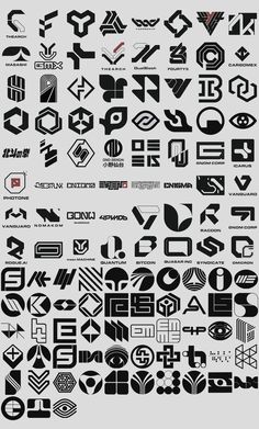 a large collection of black and white logos with different shapes, sizes and colors on them