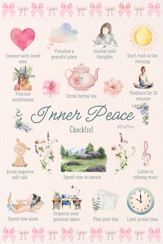 Create calm in your life with this Inner Peace Checklist. Designed to help you prioritize self-care, peace of mind, and emotional well-being, this checklist guides you to find balance and protect your peace every day. Perfect for anyone seeking inner peace, self-care ideas, or a self-care checklist for mindful living. Finding Your Inner Peace, How To Calm The Mind, How To Find Peace In Your Life, Peaceful Things To Do, How To Find Peace Of Mind, How To Be Peaceful, How To Find Inner Peace, How To Be At Peace, How To Find Peace With Yourself