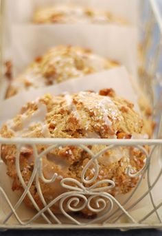 a close up of a muffin in a wire basket