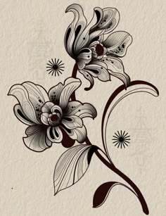 a drawing of flowers on a white paper with black ink and some brown lines in the middle