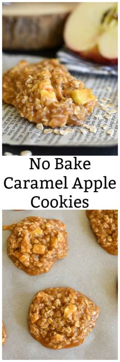 no bake caramel apple cookies with apples in the background