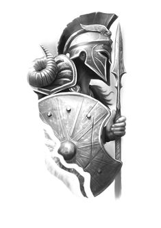 a black and white drawing of a spartan holding a shield with two horns on it