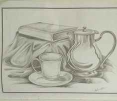 a drawing of a coffee pot, teacup and book