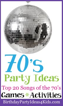 a disco ball with the words 70's party ideas top 20 songs of the 70s's games and activities