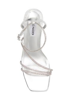 Sparkling crystals trace the asymmetric straps of a square-toe ankle-strap sandal lifted by a slender heel. 3" heel Leather upper/synthetic lining and sole Imported Sparkly Sandals, Strap Sandals Women, Sparkling Crystal, Sandal Women, Ankle Strap Sandals, Strap Sandals, Nordstrom Rack, Steve Madden, Ankle Strap