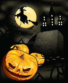 halloween pumpkins in front of a full moon with bats and castle on the background