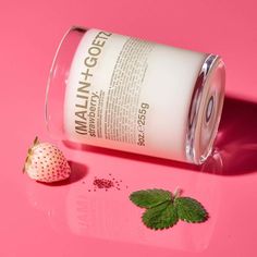 strawberry candle. | (MALIN+GOETZ) Garden Strawberry, Strawberry Candle, Malin Goetz, Strawberry Garden, Studio Apt, Perfume Packaging, Candle Packaging, Flat Lay Photography, Natural Wax