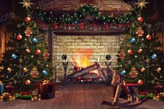 a fireplace decorated for christmas with presents around it