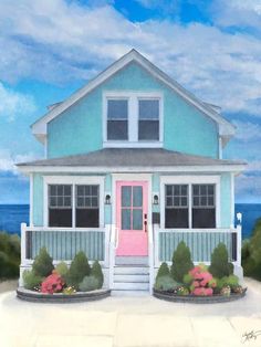 a painting of a blue house with pink door