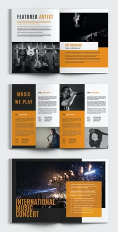 an orange and black brochure is shown with the words international music concert on it