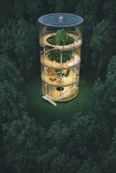 an aerial view of a tree house in the middle of some trees with plants growing out of it