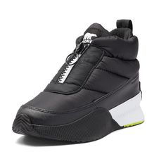 a black sneaker with white soles on the bottom and yellow detailing at the top