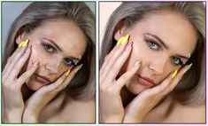 a woman with yellow nail polish holding her hands to her face and looking at the camera