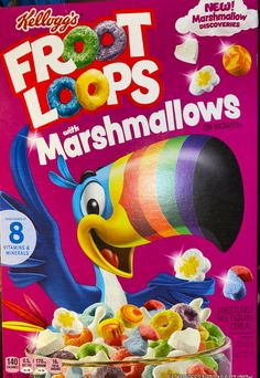 a box of fruit loops with marshmallows on the front and back side