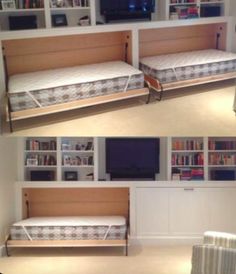 there are two beds with built in bookshelves next to each other and a television on the wall