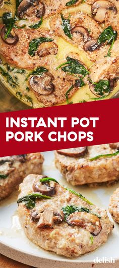 an image of instant pot pork chops with mushrooms and spinach