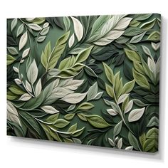 an abstract painting of leaves on a green background