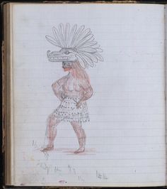 an old book with a drawing of a man wearing a headdress and feathers