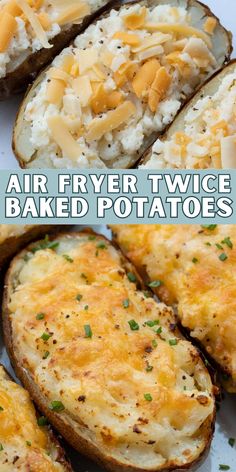 baked potatoes with cheese and parmesan on the top are shown in this collage