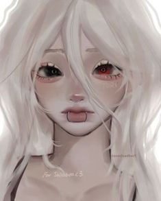 a drawing of a woman with long white hair and red eyeliners on her face