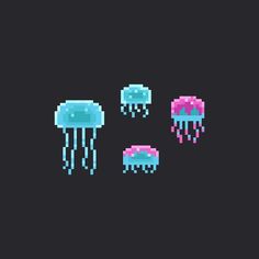 pixel art jellyfishs in the dark with pink and blue dots on their heads