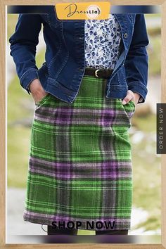 Checkered/plaid Vintage Cotton-blend Skirt Casual Green Pencil Skirt For Fall, Plaid Relaxed Work Skirt, Plaid Midi Skirt For Fall, Plaid Skirted Bottoms For Fall, Plaid Pencil Skirt For Spring, Plaid Pencil Skirt For Spring Season, Plaid Skirt With Pockets For Winter, Casual Plaid Midi Skirt, Plaid Midi Skirt Casual Style