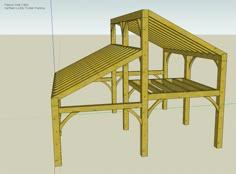 a drawing of a wooden table with two chairs on top and one chair below it