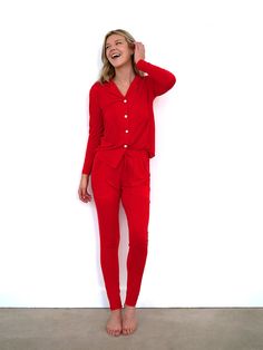 Red Pajamas Women, Postpartum Pajamas, Get Some Sleep, Red Pajamas, Red Romper, Matching Pajamas, Womens Pyjama Sets, High Waist Bottoms, Fashion Joggers