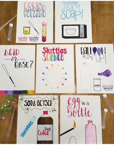 six handmade cards that say skittles, science, and egg in a bottle