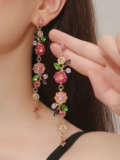 Rhinestone Flower Drop Earrings Multicolor Glamorous   Zinc Alloy     Women Fashion Jewelry, size features are:Bust: ,Length: ,Sleeve Length: قلادات متدلية, Inexpensive Jewelry, Rhinestone Flower, Dream Jewelry, Stylish Jewelry