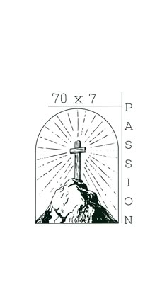 a cross on top of a mountain with the word passion written below it in black and white