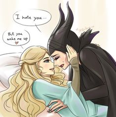 an image of a woman hugging a man with horns on his head and the caption says i hate you but you wake up