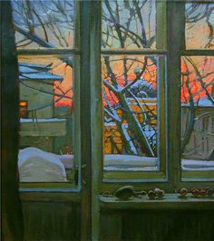 a painting of an open window with snow on the outside and trees in the background