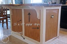 a kitchen island with an arrow pointing to the top and two doors on each side