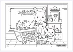 an adult and child are shopping in the store with their pet rabbit at the grocery cart