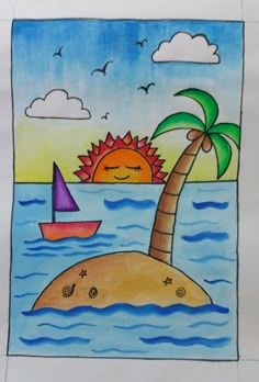 a drawing of an island with a palm tree and sailboats in the ocean at sunset