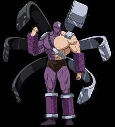 an image of a man in purple costume holding two large metal hammers on his shoulders