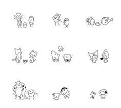 various cartoon animals are shown in black and white