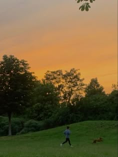 a person running in the grass with a dog on a leash behind them at sunset