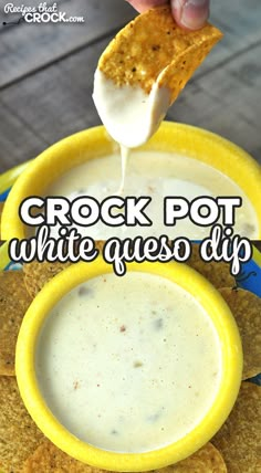 a person dipping cheese into a bowl of dip with crackers on the side and text overlay that reads crock pot white queso dip